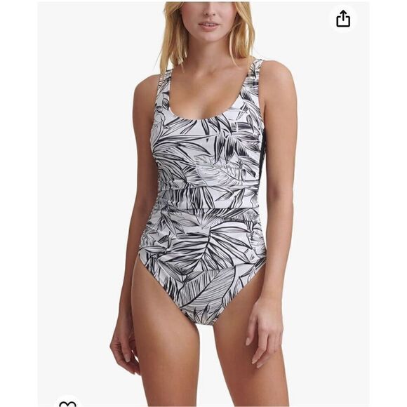 DKNY Women's White Printed Lined Removable Cups Mesh Scoop Neck One Piece Swimsu - Picture 1 of 5